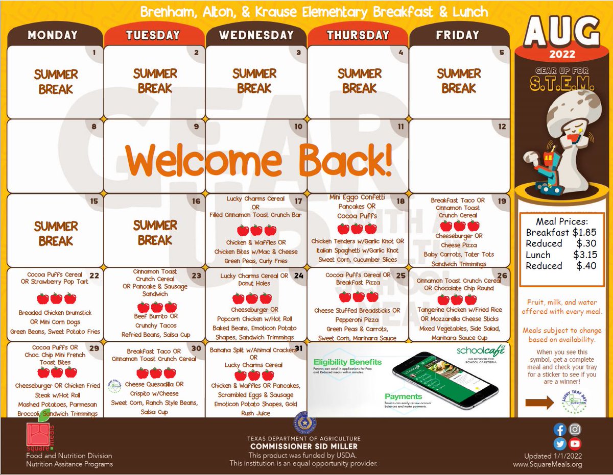 Welcome back, we're excited to serve our Brenham Cubs! See below for our ES and ECLC menus. Secondary menus can be found at schoolcafe.com/brenhamisd or brenhamisd.net/page/childnutr… @EclcIsd @BrenhamElem @AltonElementary @KrauseElem @BrenhamISD