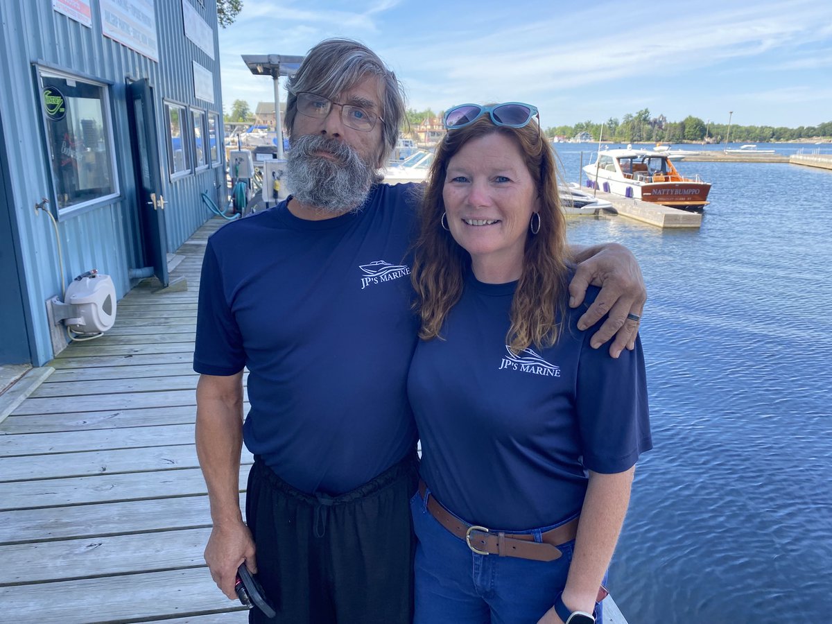 PeterKingCBS's tweet photo. My office today, Alexandria Bay New York, Where I spoke with Pam and Jim Stewart about their marine shop’s challenges since the pandemic began, and a high price of marine fuel. You can hear their stories tomorrow on ⁦@CBSNewsRadio⁩ ! https://t.co/RNuA2rGwU3