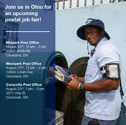 Join us in Ohio for an upcoming postal job fair! And for tips on where and how to apply: uspsblog.com/applying-for-a…

#USPSCareers #NowHiring #Jobs #JobSearch #Job #JobHunt #JobOpening #Hiring #Careers #Employment #opentowork #career #work #recruitment