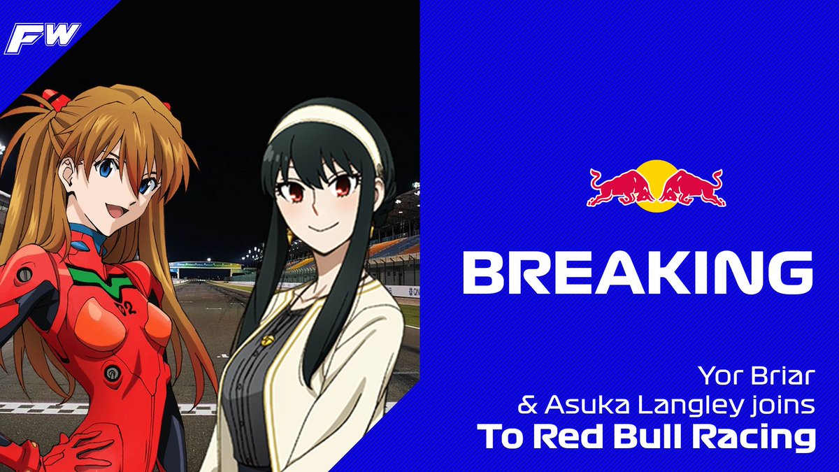 Formula_Waifu's tweet photo. BREAKING🚨
Asuka Langlev y Yor Briar serán las pilotos de Red Bull Racing.

#FW https://t.co/ngAAHz5xXx
