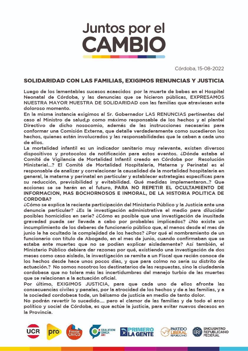 Expresamos nuestra más profunda solidaridad con las familias de los bebes fallecidos en el #HospitalMaternoNeonatal que atraviesan este doloroso momento y exigimos la urgente renuncia del Ministro de Salud de la provincia, Diego Cardozo. 
#ConferenciaDePrensa #JuntosPorElCambio