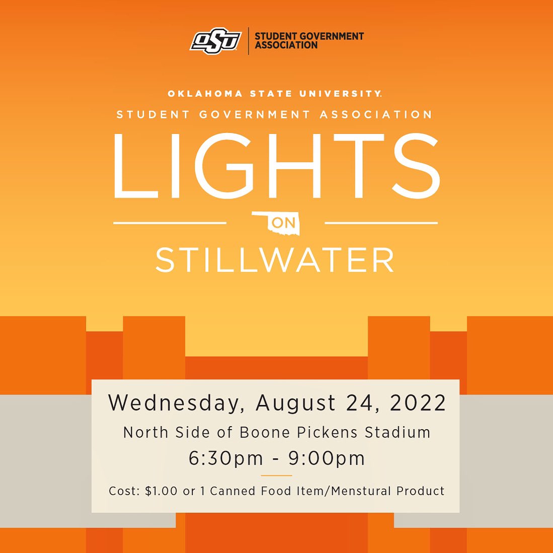 #CowboyFamily: Join us for Lights on Stillwater! We’re back this year with over 100+ vendors and LOTS of free stuff! 🤠

Engage with the local community, student organizations, food trucks, and campus entities!

🗓 Wednesday, Aug. 24
⏰ 6:30-9pm
📍 North Side of BPS