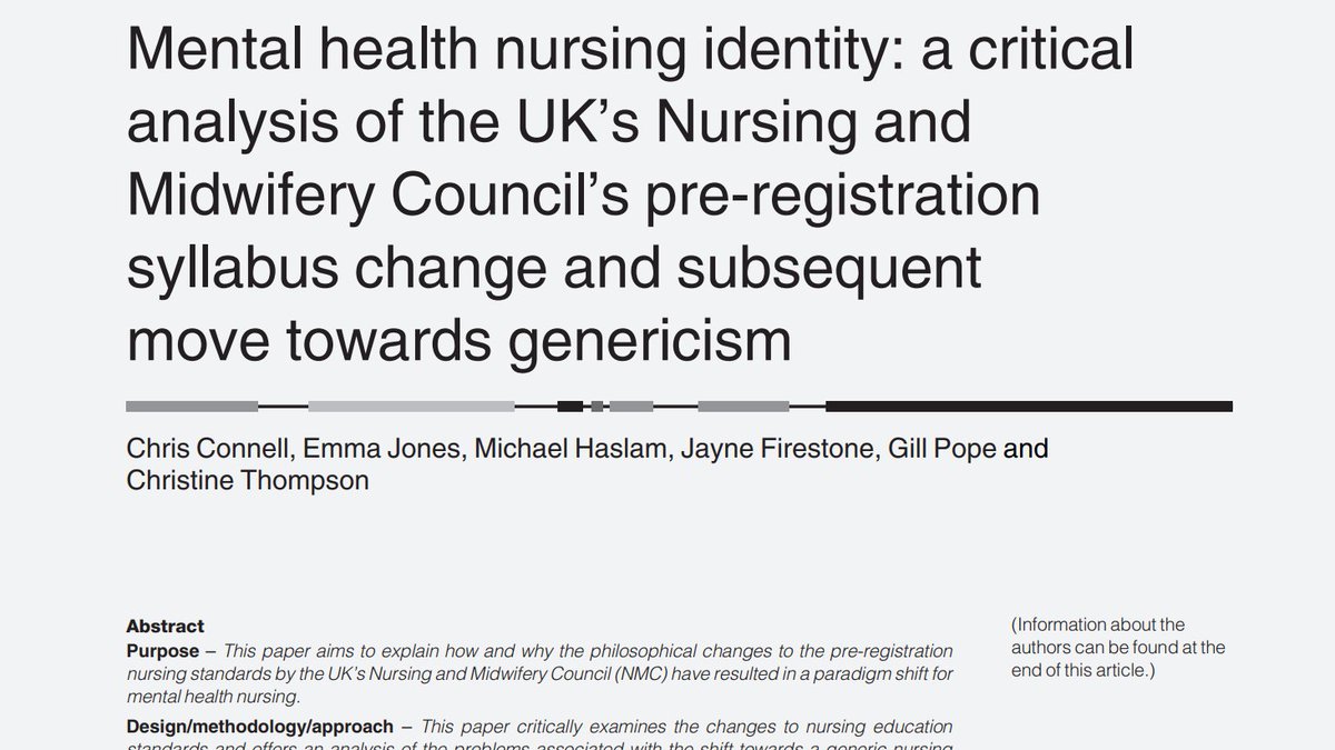 Mike Haslam (@mbhaslam) on Twitter photo Our latest paper is now available online. Here we take a critical stance to NMC standards, arguing that core #MentalHealthNursing qualities & skills are being undervalued in the shift towards a generic, task-orientated nurse:
emerald.com/insight/conten…
#MHDeservesBetter <a href="/UCLanMH/">UCLan Mental Health</a> Our latest paper is now available online. Here we take a critical stance to NMC standards, arguing that core #MentalHealthNursing qualities & skills are being undervalued in the shift towards a generic, task-orientated nurse:
emerald.com/insight/conten…
#MHDeservesBetter <a href="/UCLanMH/">UCLan Mental Health</a>