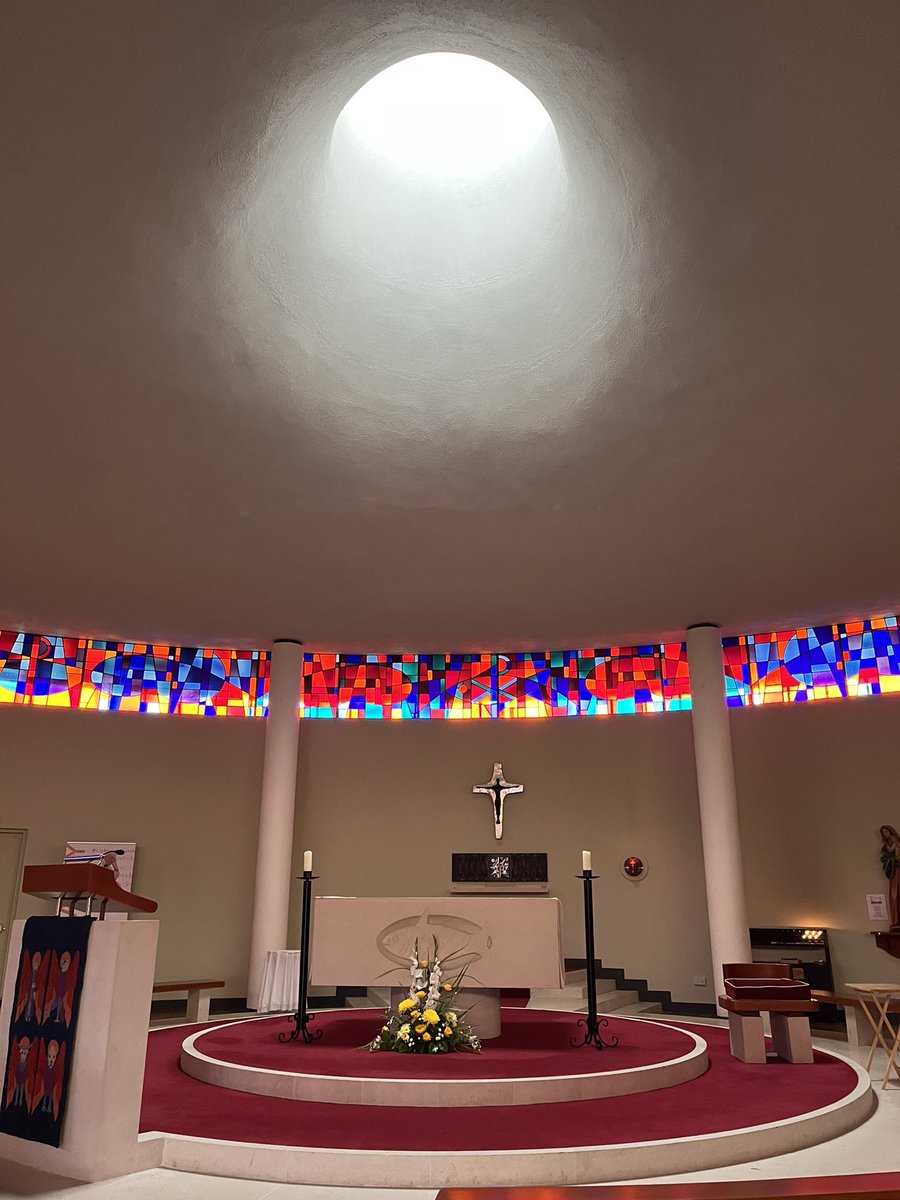 DunleavyBernard's tweet photo. The fifth stop on our tour of Liam McCormick’s #MagnificentSeven Donegal churches. St Aengus at Burt - extraordinary echoing of An Grianán of Aileach in its shape, oculus altar light, Oisín Kelly reliefs, Imogen Stuart cross. #LiamMcCormick #RHA @RHAGallery @govisitdonegal https://t.co/6ErPDEDjvj