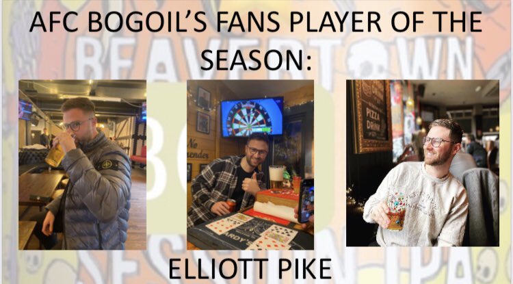 AFCBOGOIL's tweet photo. 🚨AFC BOGOIL’S FANS PLAYER OF THE SEASON🚨 

Sometimes it’s not about the goal scoring record (7 Games, 6 Goals) but the glue that holds the team together: 

Well Done Elz Custard Pike  @elliottpike4 

Let’s hope this means you can now down a pint at the presentation evening .. https://t.co/DBUxoelCgV