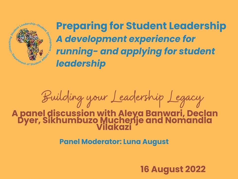 UCTStud_Dev's tweet photo. What an amazing panel for the first session of the Preparing for Student Leadership series. Huge thank you to Declan, Nomandla, Sikhumbuzo, Aleya and Luna!!!! #dsaprep4sl2022 #leadership #leadershipdevelopment #uct https://t.co/BQWJEehZbt