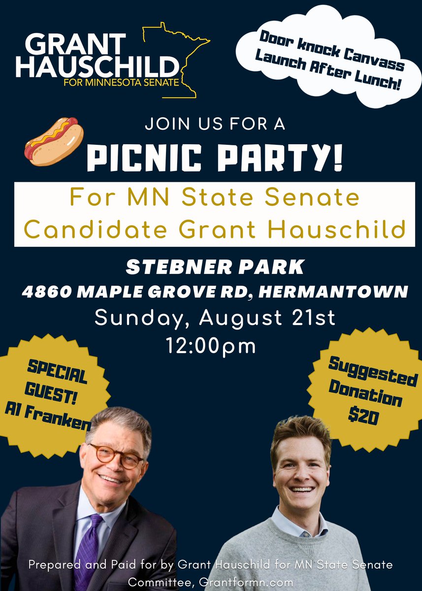 grant_hauschild's tweet photo. Join Former U.S. Senator, Saturday Night Live Alum, and Jimmy Kimmel Live Guest Host @alfranken for a Campaign Picnic in support of our senate campaign! Open to Anyone! https://t.co/aZB38HKhLa. After the Picnic, we'll be launching a Day of 1,000 Doors Canvass in Hermantown #mnleg https://t.co/GD0UWuqGl5