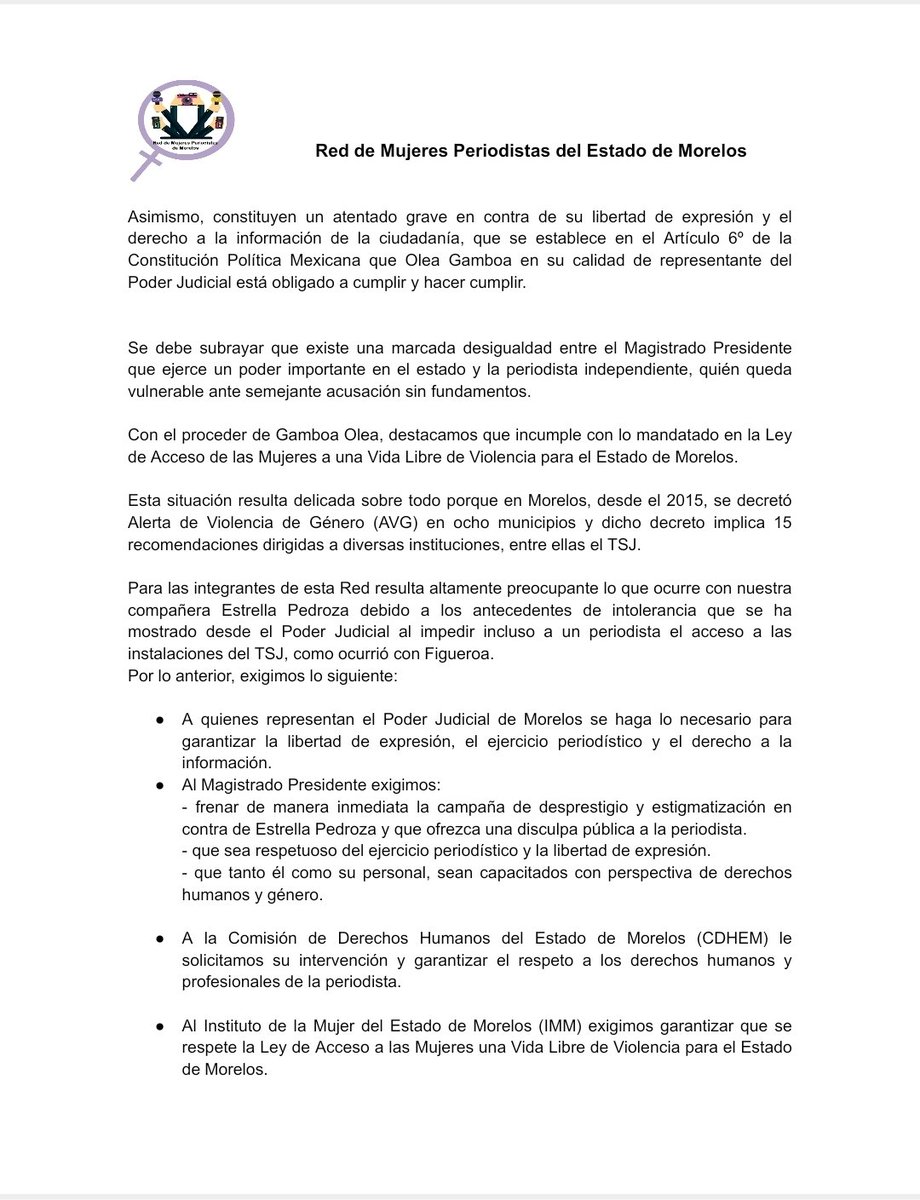 La <a href="/ProReporMor/">Red de Mujeres Periodistas de Morelos</a> condena la campaña d desprestigio y estigmatización q <a href="/JorgeGamboaOlea/">Luis Jorge Gamboa Olea</a>, presidente del <a href="/TSJMorelosOf/">TSJ Morelos OFICIAL</a>, emprendió vs la periodista <a href="/ETUA29/">Estrella Pedroza⭐</a>, tras cuestionarlo sobre el acoso judicial vs Alejandro Figueroa, comunicador y propietario del medio “El imperial de Alex”.