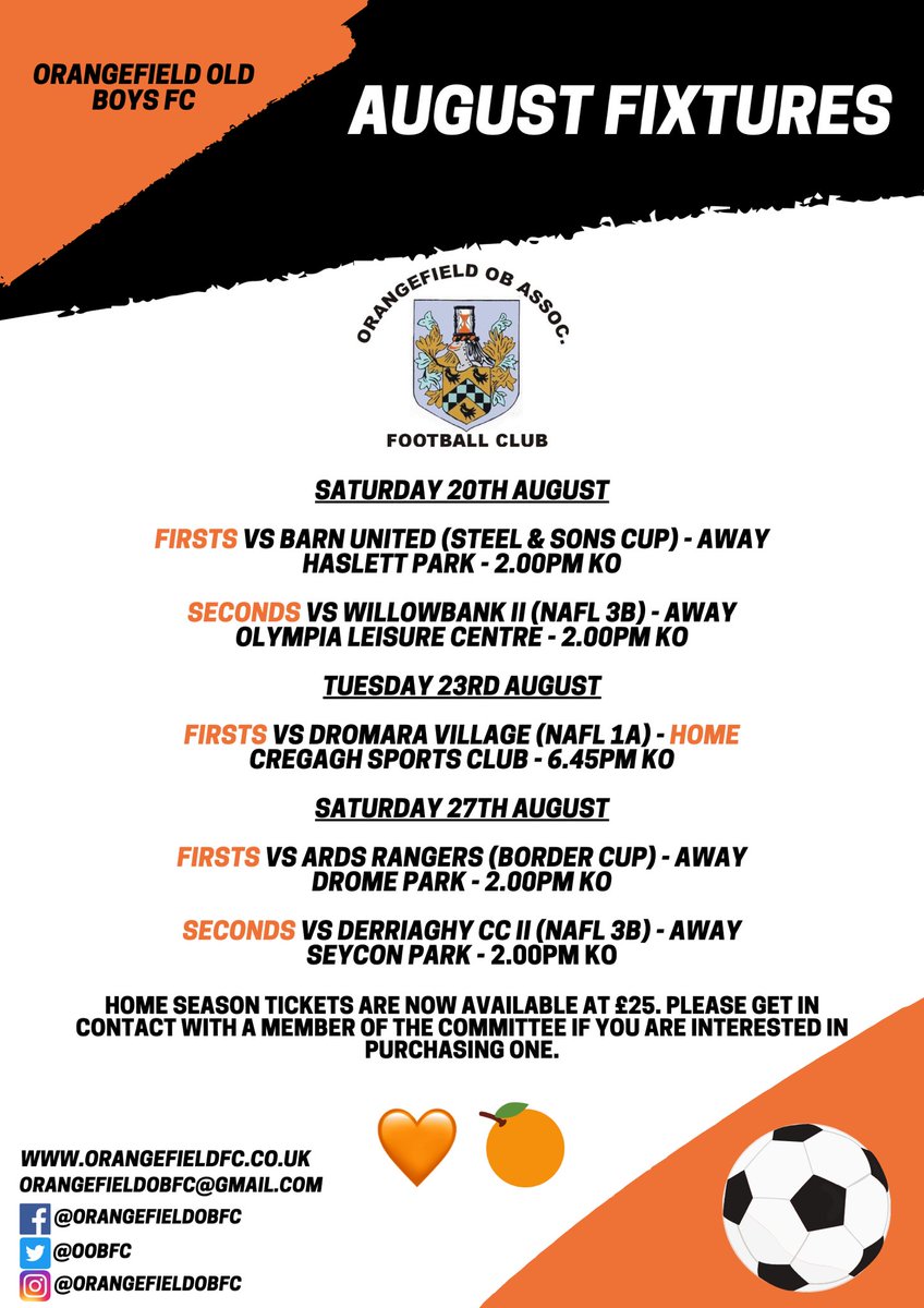 OOBFC's tweet photo. 🍊 AUGUST FIXTURES 🍊

Here is how the opening month of the 2022/23 season shapes up for us 👇🏼

As always, your support is vitally important to us!

Thankyou 🧡

#Orangefield #OOBFC #AugustFixtures https://t.co/djz0Pai72O