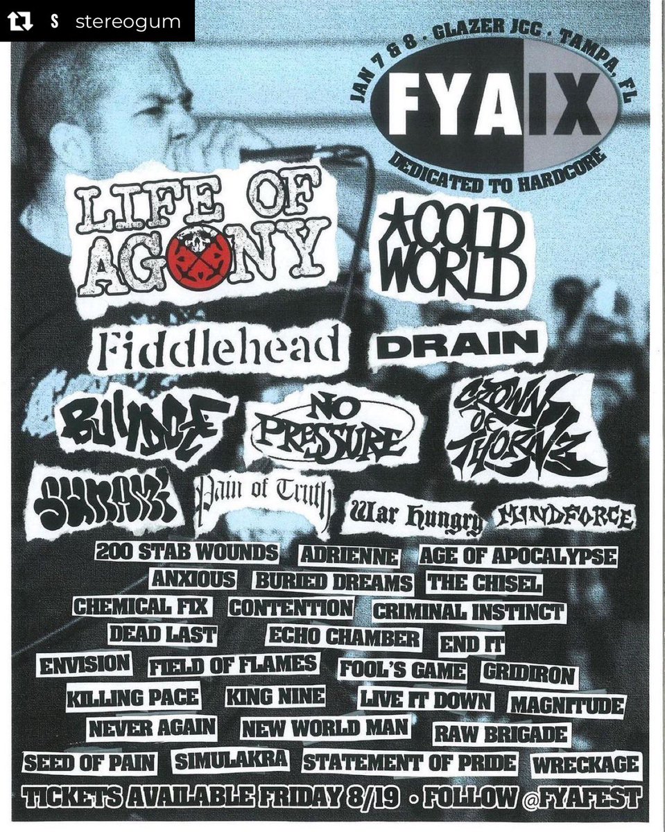 OffiLIFEOFAGONY's tweet photo. Tampa, Florida’s FYA FEST January 2023 lineup @stereogum https://t.co/l0x5ZYL0P6 #lifeofagony #crownofthornz #bulldoze &amp; many more https://t.co/s8W283h5Ya