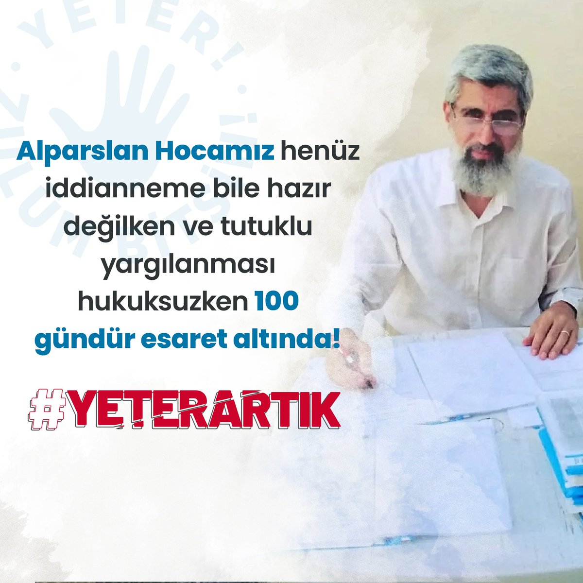 Alparslan Hocamız henüz iddianame bile hazır değilken ve tutuklu yargılanması hukuksuzken 100 Gündür esaret altında! YETER ARTIK! 

ŞikayetDilekçem
#YeterArtık