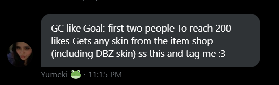 Let's try and get it fam :) @YumekiGives gave a GC like GOAL and I want the DBZ skins rn so maybe we can reach it in time