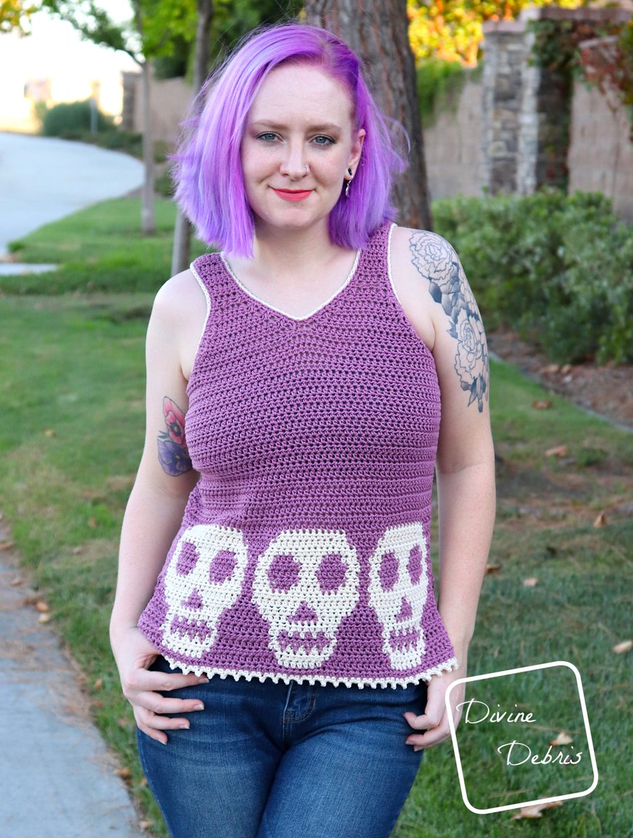 divinedebrisweb's tweet photo. Also brand new today is the Sally Skulls Tank Top! Made with 24/7 Cotton from @LionBrandYarn 
Get it for $3.50 until 8/20: https://t.co/tN4Wby48Sw https://t.co/UiErNvf6pQ
