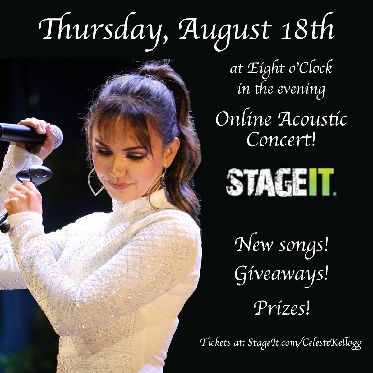 I'M BACK ON @StageIt!  Tune in this Thursday evening for an acoustic concert!  Tickets are available here: stageit.com/CelesteKellogg… Type a request in the chat box and I may end up doing it in the show! <3