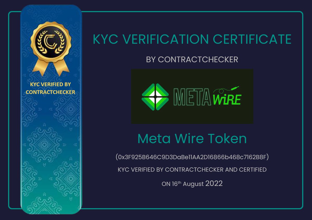 Metawire_BSC's tweet photo. Metawire KYC verified by Contract Checker #bsc #binance #metawire #p2p https://t.co/s8SK4Aoy2j