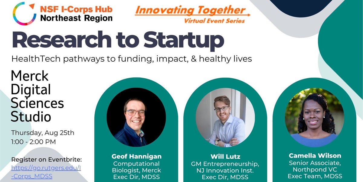 RUTGERS RESEARCHERS: register now for the next special event in the Innovating Together Series hosted by the <a href="/NSF/">U.S. National Science Foundation</a> <a href="/ICorpsNE_Hub/">I-Corps Northeast Hub</a>! Focusing on <a href="/Merck/">Merck</a> Digital Sciences Studio, the event will take place on Aug. 25 at 1pm ➡ eventbrite.com/e/innovating-t…

#RutgersInnovation #icorps #nsf