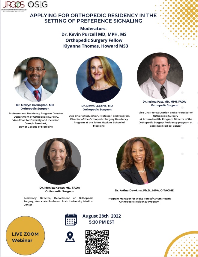 GladdenSociety's tweet photo. Medical Students, are you curious about signaling and how that will impact your Orthopaedic application? Well, JRGOS and SNMA OSIG has you covered! On August 28th at 5:30pm, you will have the opportunity to hear directly from program directors about signaling! See QR for link! https://t.co/8jSGGCRv08