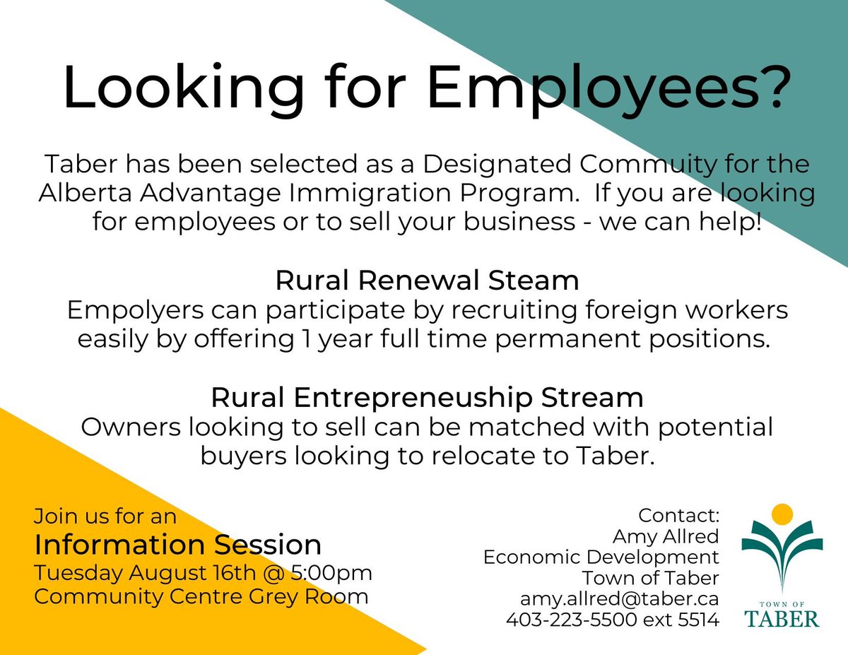 Our <a href="/TaberEcDev/">Growing in Taber</a> team is in the beginning stages of #Taber being part of the <a href="/YourAlberta/">Alberta Government</a> Rural Renewal &amp; Rural Entrepreneurship streams. 

If you own a business and are interested in either program, join us at our info session tonight at 5PM!