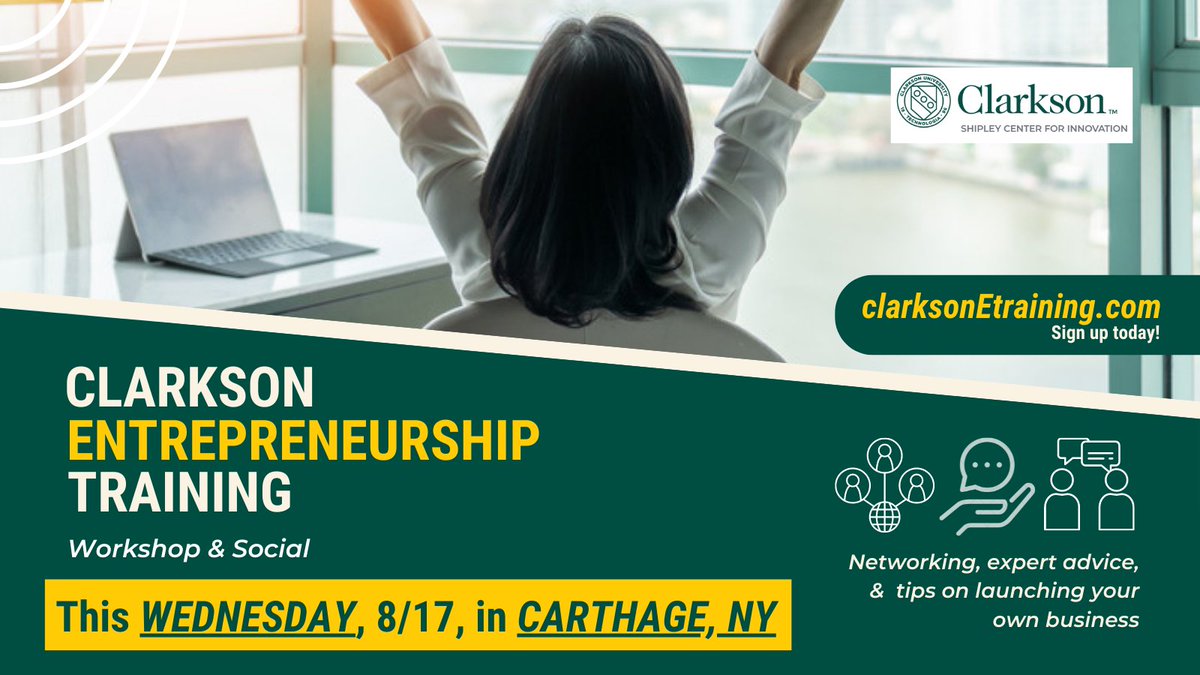 CUShipley's tweet photo. LAST CHANCE! 

Our FIRST Clarkson Entrepreneurship Training Workshop is TOMORROW 8/17 in Carthage, NY. 

Sign up at https://t.co/IazMCFlrbq

We hope to see you there!

#entrepreneurship #businesstraining https://t.co/OfCwrlkDJw