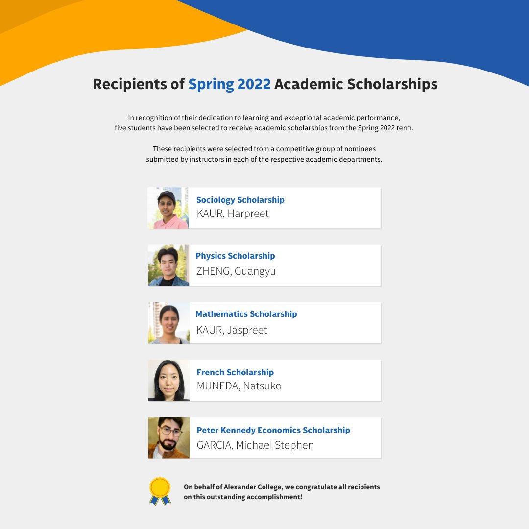 alexander_edu's tweet photo. Alexander College is proud to announce the recipients of Academic Scholarships following the Spring 2022 term. π
Congratulations to Harpreet, Guangyu, Jaspreet, Natsuko and Michael on their hard work, dedication, and academic accomplishments! #alexandercollege https://t.co/oOKPwZEXaL