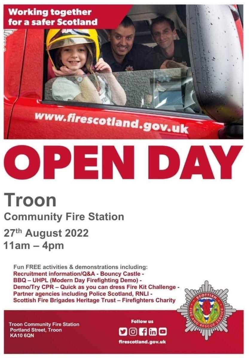 Scotfire_ENSA's tweet photo. Troon fire station is holding an open day on Saturday 27th of August. There will be various vehicles and demonstration from all the emergency services 🚑 🚒 🚓 why not come along and have lots of fun. https://t.co/YDET66sXId