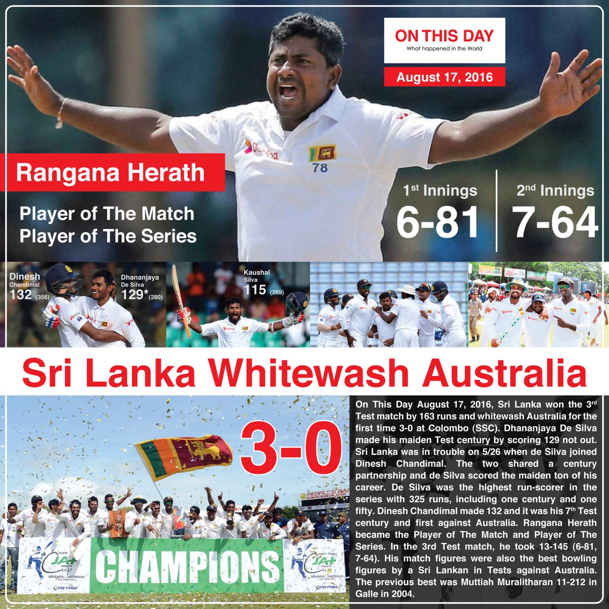 OnThisDayInWor1's tweet photo. #OnThisDay 2016, Sri Lanka whitewashed Australia for the first time, 3-0
@HerathRSL @Angelo69Mathews @LDChandimal @dds75official @SilvaKaushal
#August17 #historytoday #in2016 #6yearsago #onthisdayinhistory #DoYouKnow #SriLanka #ranganaherath #srilankawhitewashaustralia https://t.co/K469MRz3qL
