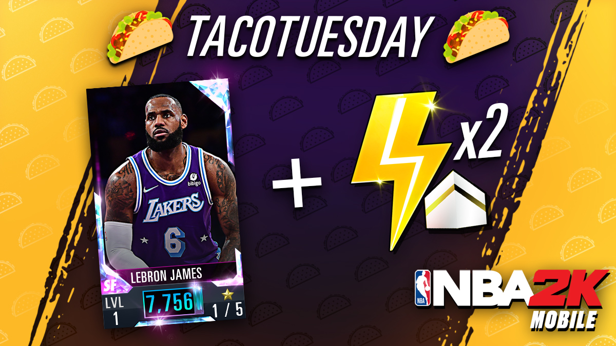 NBA2KMobile's tweet photo. Bringing back a Season 1 favorite 🌮

Click Redeem in NBA 2K Mobile and enter “TACOTUESDAY” to get this LeBron card! Available thru 8/22, one per account.

*Tacos not included https://t.co/9h6V8zVIbH