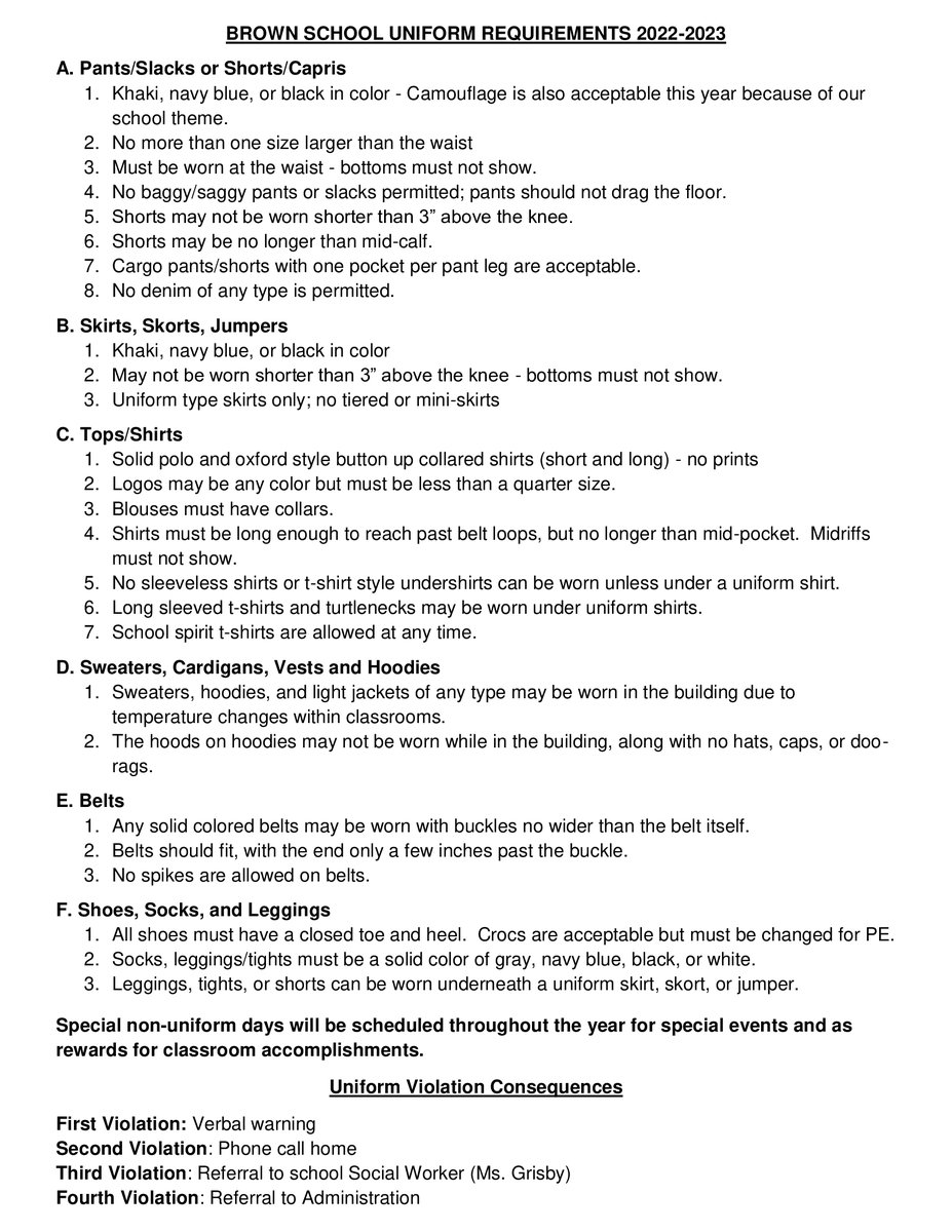 BrownElem's tweet photo. 2022-2023 Brown Elementary School Uniform Requirements... https://t.co/NcUdNTxvXW