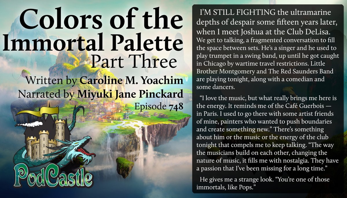 PodCastle_org's tweet photo. #pc748 is part 3 and the conclusion of COLORS OF THE IMMORTAL PALETTE by @CarolineYoachim, narrated by
@miyukijane & first pubbed by @UncannyMagazine in March 2021.
Make sure you listen to #pc746 + #pc747 first if you haven't already!
Rated R, for the path you find at last. https://t.co/gRu4qB8puy