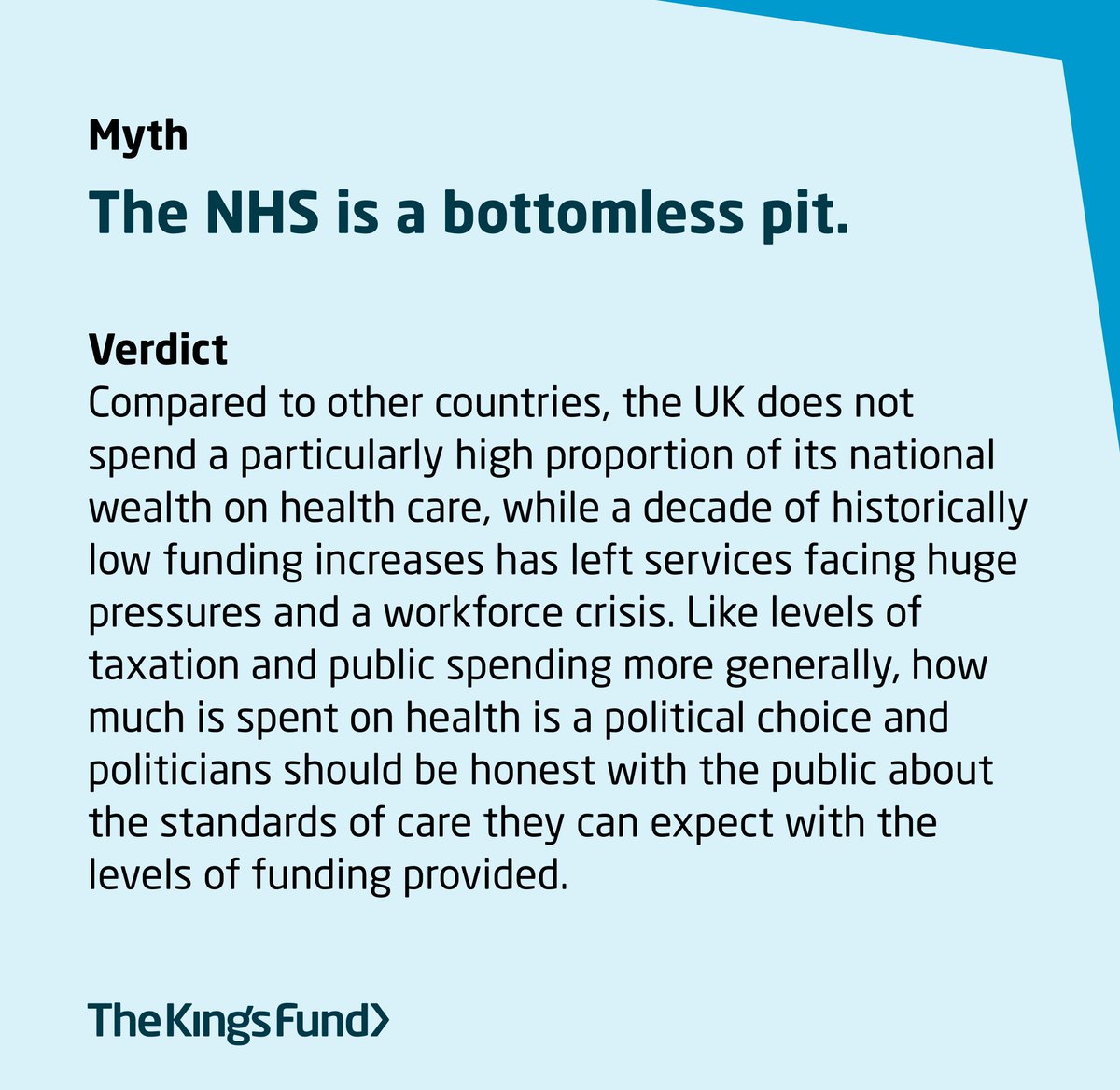 Some argue that the NHS consumes too high a proportion of public spending and that continuing to increase health spending is unsustainable – the more money it receives, the more it demands. Read more: kingsfund.org.uk/publications/h…