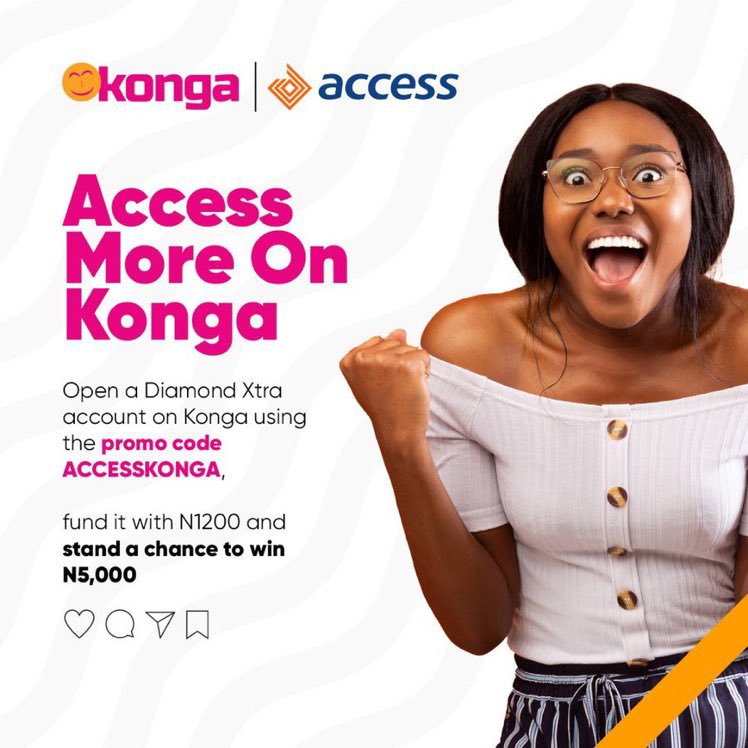 bamtweets_'s tweet photo. You can win awesome cash prizes when you open AccessBank account on Konga.
Just use the promo code “AccessKonga” using the link https://t.co/HH1zN3bRjy deposit 1,200naira to win over #5000 every two weeks 🥳🥳💃🏽🔥
#AccessKonga #DiamondXtra https://t.co/ppmo3IDbY6