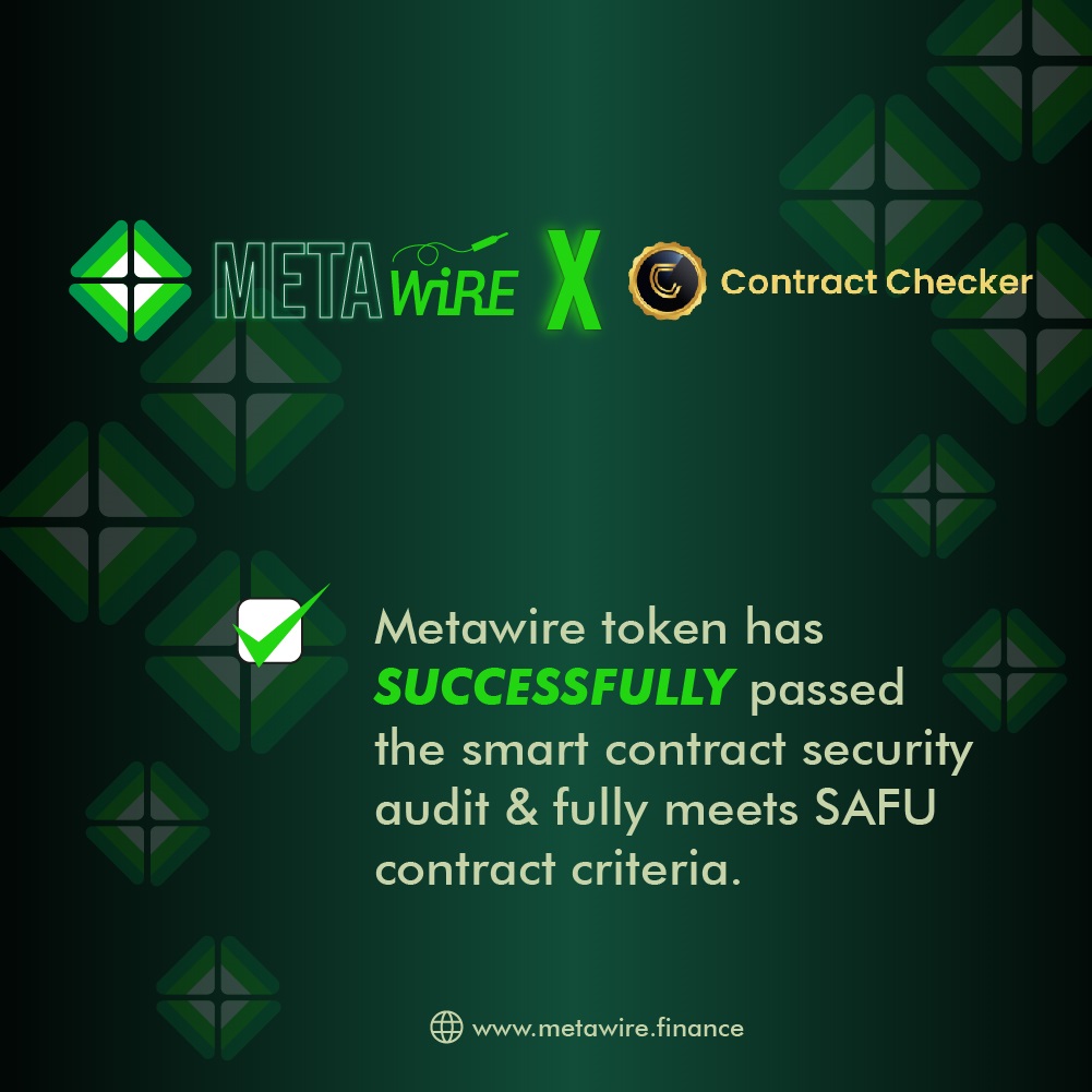 Metawire_BSC's tweet photo. Metawire has successfully passed the smart contract security audit and fully meets SAFU contract criteria #bsc #metawire #binance

https://t.co/eGCn9lIeu2 https://t.co/yCmdRWlsL5