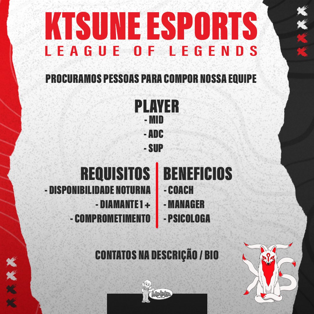 KTSUNE ESPORTS

- ESTAMOS COM VAGAS ABERTAS EM NOSSA LINE MAJOR, BUSCAMOS:
TOP; MID; ADC; SUP

- ESTAR ACIMA DE DIAMANTE 1
- TREINOS DE SEGUNDA A SEXTA A PARTIR DAS 19 HORAS

<a href="/vagas_esports/">Vagas Esports</a> #GOKTS