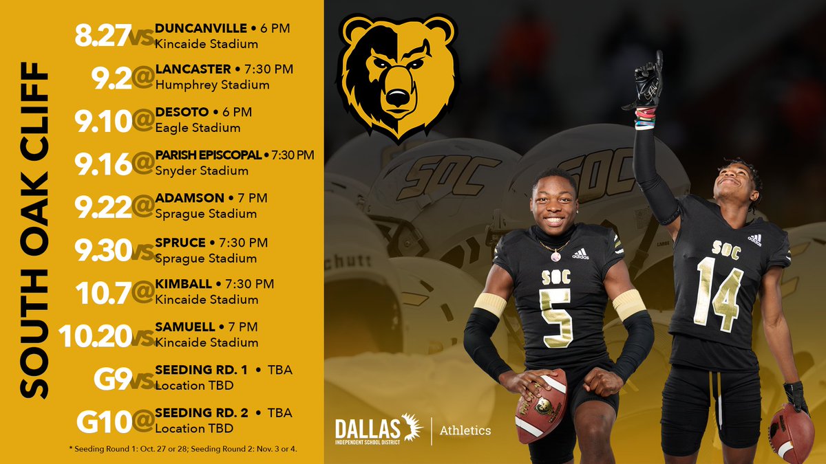 Defending state champion South Oak Cliff opens its season Aug. 27 vs. Duncanville on ESPN2. 18 starters return for coach Jason Todd, whose team will play in District 6-5A, Division II (Zone A). Pictured here are WR Randy Reece &amp; WR Corinthean Coleman. <a href="/SOCGoldenBearFB/">SOC Football</a>