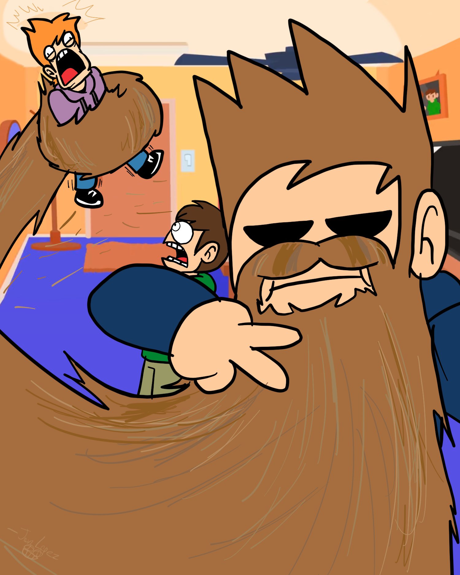 Daily Eddmatt on X: On 9/7/19 the official Eddsworld account posted a  drawing which shows Tom hitting Matt against the roof with his beard  unbothered, and Edd looking at Matt concerned, which