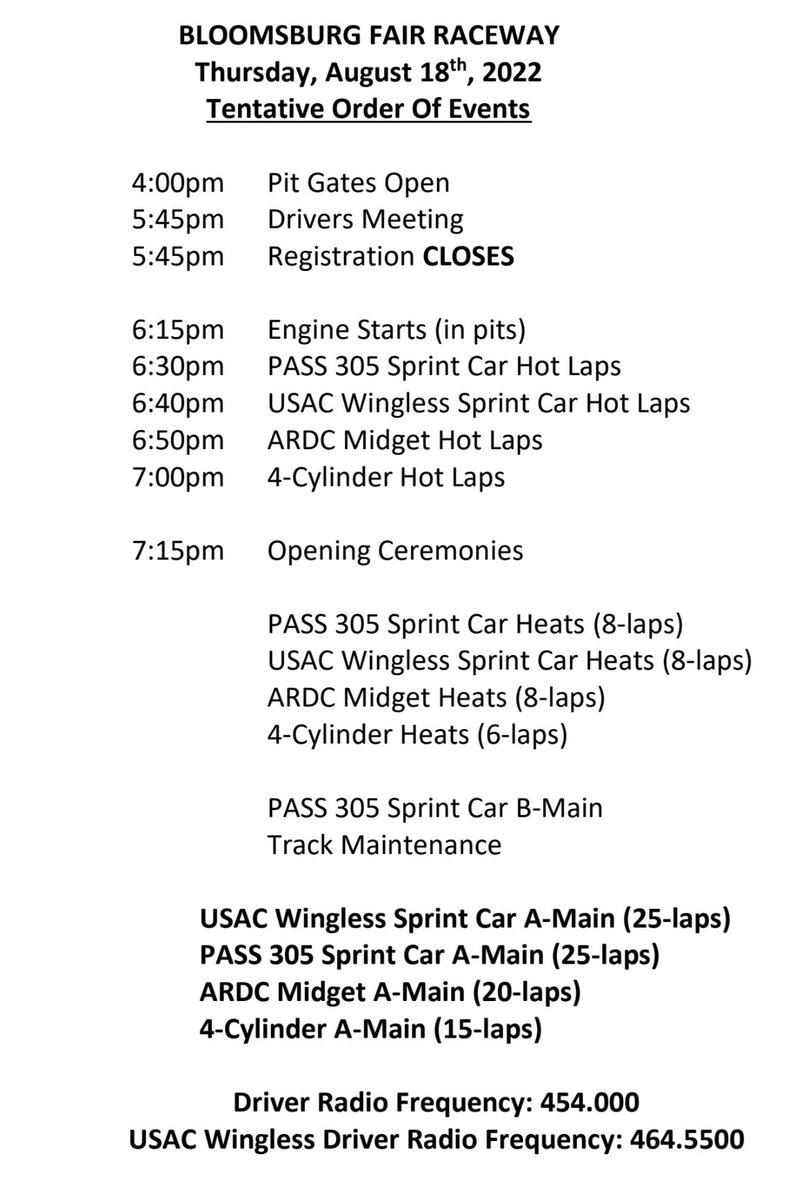 It’s two days till race day, here is the schedule for Thursday, August 18