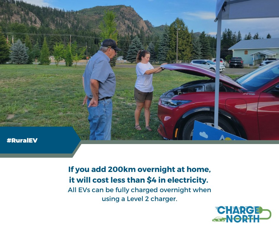 AccelerateKoots's tweet photo. Top 2 questions we are hearing: "Cost to charge? How long to charge?" 
What's your experience, EV drivers? 
The next two stops on the EV Discovery Tour are Quesnel this evening, on to Prince George tomorrow, and then Vanderhoof! Sign up for a test drive at https://t.co/KE2WDZvGL0 https://t.co/6CNtXQbEu3