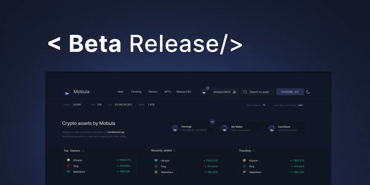 Mobulaio's tweet photo. 🆕 New Medium post!

Introducing the Beta.

Brace yourself, the beta version of Mobula has been released. Many changes have been made, lot of bug fixing.

Let's start the tour: https://t.co/mixyz1J60N  😉 https://t.co/TajVyR0Epw