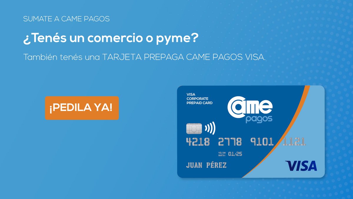Si ya tenés activa tu cuenta CAME PAGOS recibirás tu tarjeta prepaga CAME PAGOS - VISA.

CAME PAGOS, estamos de tu lado
<a href="/redcame/">CAME</a>