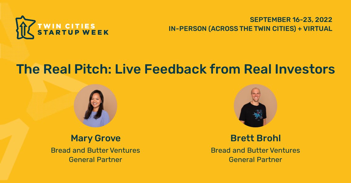 The Real Pitch: Live Feedback from Real Investors' with <a href="/MaryGrove/">Mary Grove</a> + <a href="/Brettbrohl/">Brett</a> is back for #TCSW2022! Are you an early stage startup in MN? Apply now to pitch live for real and helpful feedback: 
docs.google.com/forms/d/e/1FAI…