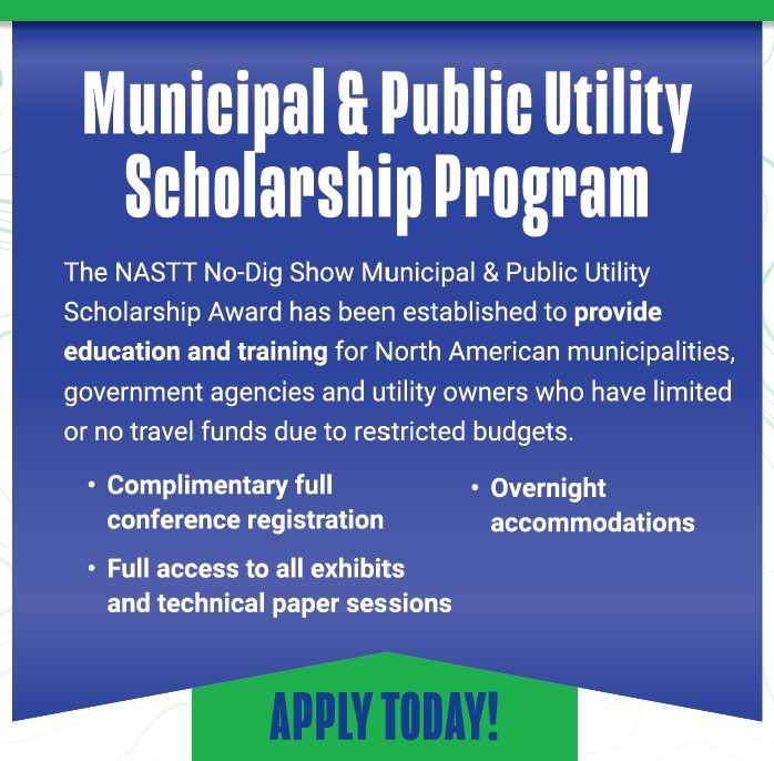 No-Dig Show (@nodigshow) on Twitter photo No-Dig Show Muni Scholarship awards employees of North American municipalities, govt agencies & utilities w limited funds to attend the <a href="/NoDigShow/">No-Dig Show</a>. Recipients have access to exhibits & tech sessions. NASTT membership is not a requirement. Deadline Nov 1! ow.ly/jPOO50Kh4bI No-Dig Show Muni Scholarship awards employees of North American municipalities, govt agencies & utilities w limited funds to attend the <a href="/NoDigShow/">No-Dig Show</a>. Recipients have access to exhibits & tech sessions. NASTT membership is not a requirement. Deadline Nov 1! ow.ly/jPOO50Kh4bI