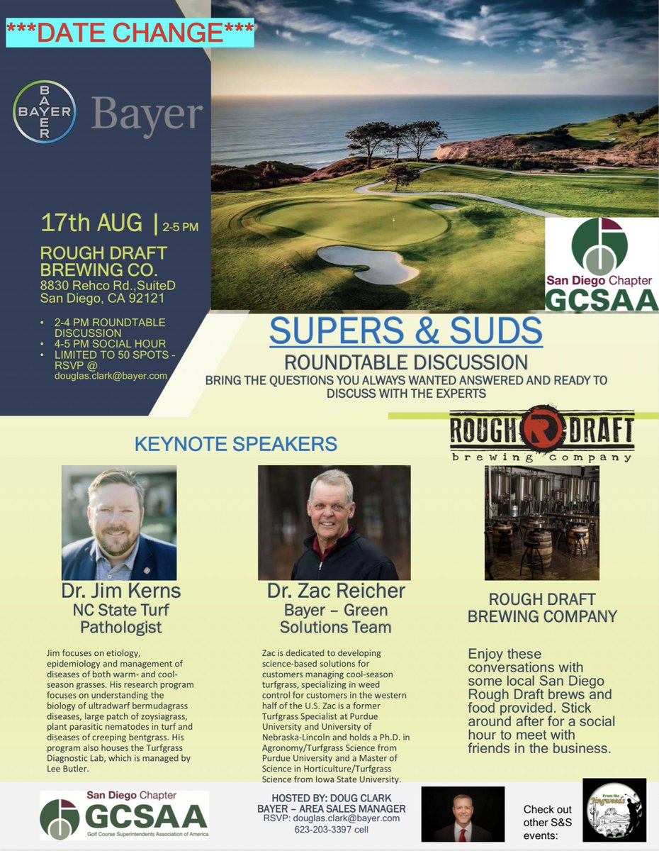 DigDougTurf's tweet photo. San Diego, tomorrow is the big day. A huge opportunity to have a round table discussion about challenges in our industry. We even have GCSAA CEU’s available if you attend. It’s free and everyone is welcome. See you all tomorrow at Rough Draft Brewery at 2:00! @SD_GCSA https://t.co/YNXpKc9lTc