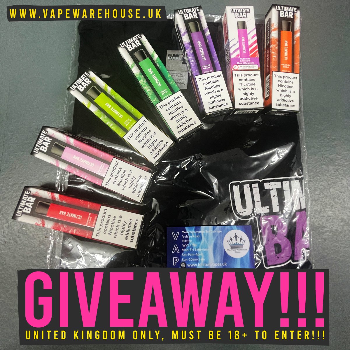 warehouse_vape's tweet photo. ONLY2⃣DAYS LEFT FOR THE GIVEAWAY DRAW!!! 
⚠️Follow and Retweet to enter! ⚠️
✅ 7x ULTIME BAR pods
✅ 1x T-Shirt!
https://t.co/AxrrTQbsls
---------------------------------------------------
 #vapeshop #vape #ejuice  #vapefam #giveaway #ultimatebar #vapeuk #freebies #Giveaway https://t.co/GspjyoXpyY