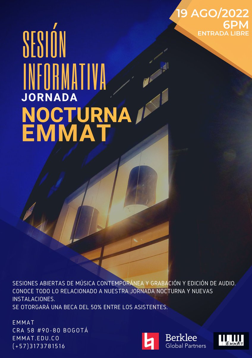 Te invitamos a la Sesión Informativa de la Jornada Nocturna💯
Éste Viernes 19 de Agosto a las 6pm ✅
Donde tendrás sesiones abiertas de nuestros programas nocturnos, conocerás todo lo relacionado a nuestra jornada nocturna y otorgaremos una beca del 50% entre los asistentes🤩