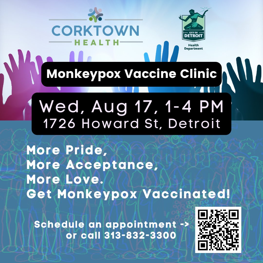 SexualityLab's tweet photo. Monkeypox vaccine clinic. Tomorrow, 8/17 @CorktownHealth https://t.co/327xlIVoOI