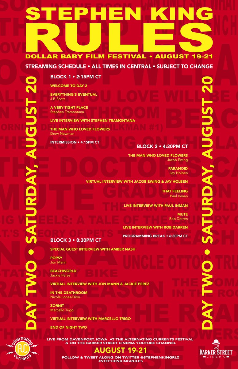 StephenKingRlz's tweet photo. Updated schedule alert!🚨Here’s what’s going down this weekend, live at @AltCurrentsQC and on our #YouTube page! 

Watch FREE here: https://t.co/Hg56M2a6pS

We’re getting excited, boils and ghouls! Who’s with us? 

#StephenKingRules 🎈
Schedule subject to change. https://t.co/wlvxhtwqga