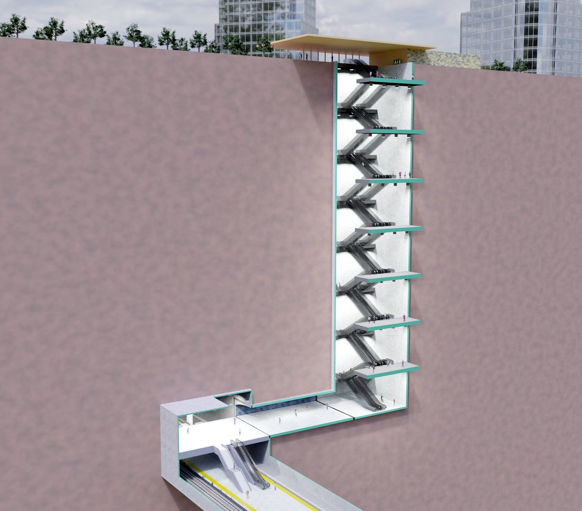 A computer rendering of a proposed Metro station with a tower of 15 zigzagging escalators descending to a mezzanine level. A hallway connects to a final escalator and stairs decent to a center platform with tracks on either side. Passengers wander throughout the station. At the top/ground level are an open air station entrance, several trees and two large glass office buildings nearby.