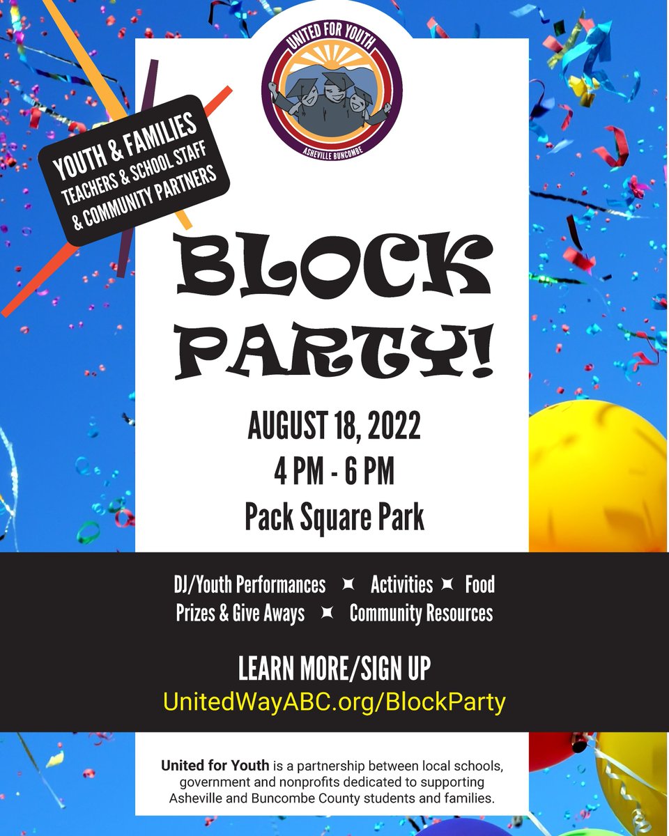 VernerAsheville's tweet photo. Come join United Way of Asheville and Buncombe County THIS THURSDAY from 4-6 PM at Pack Square Park to celebrate the United for Youth Network! More info at https://t.co/U5iPY2G0X3 #uwbc #u4y https://t.co/TQMKes68OW