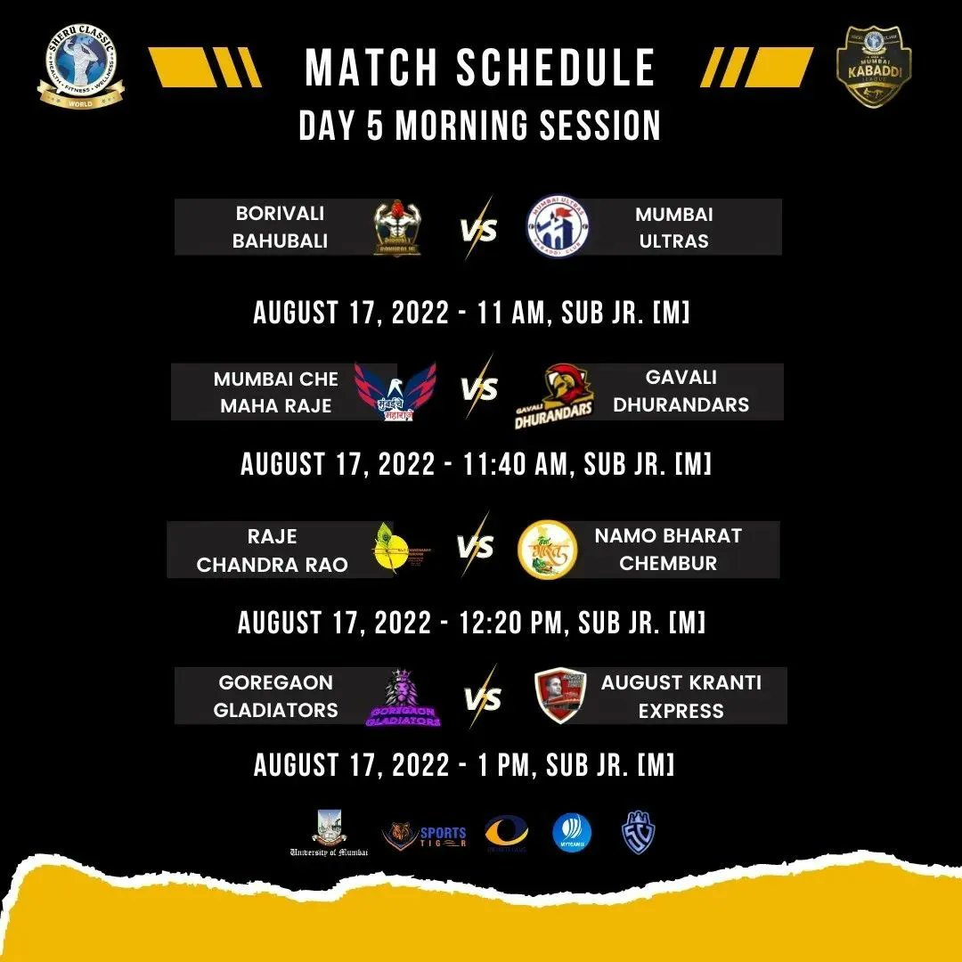 sheru_aangrish's tweet photo. Sheru Classic MMKL Match Schedule Day 5 π₯π―
.
#sheruclassicmmkl #sheruaangrish #sheruclassic #mmkl #matchschedule #kabaddimatches #mahamumbaikabaddileague #kabaddi #tournament #MumbaisBiggestKabaddiLeague #sportvot #SportVotKabaddi #indiankabaddi #mumbai #maharashtra #sports https://t.co/CY2bVTDkVG