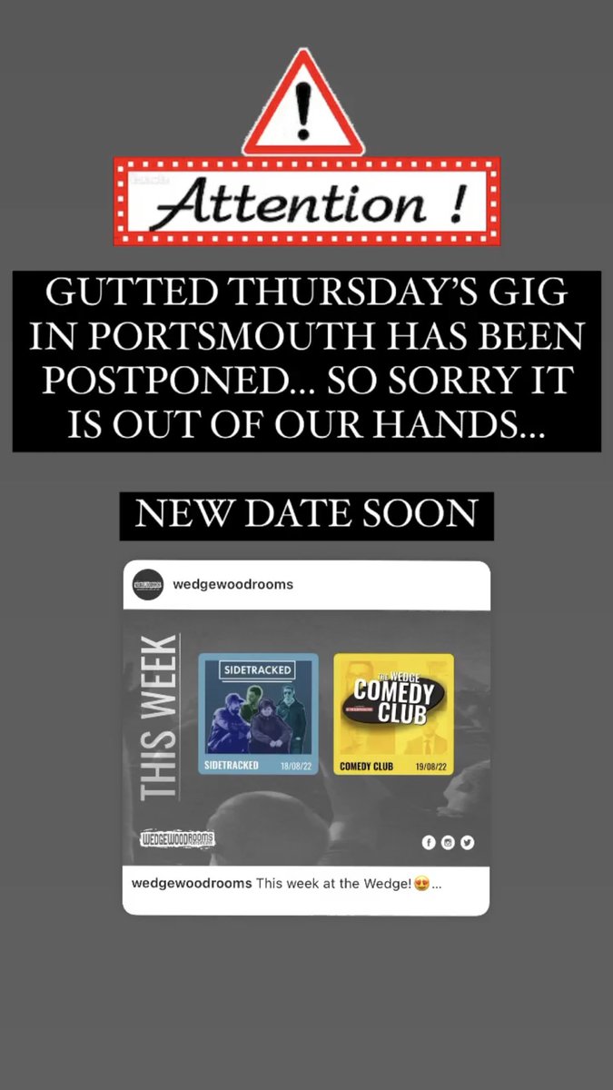 GUTTED THURSDAY’S GIG IN PORTSMOUTH HAS BEEN POSTPONED… SO SORRY IT IS OUT OF OUR HANDS…

NEW DATE SOON